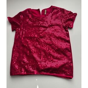 Girls Sparkle Sequin Top Hot Pink Short Sleeve Party Occasion Size 7/8